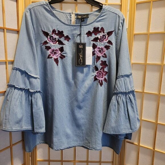 DG2 by Diane Gilman Womens Blue Floral Bell Sleeves Denim Blouse Sz M NWT - Picture 5 of 10